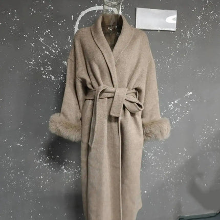 UCXQ Elegant OL Office Lady Overcoats Fur Patchwork Long Sleeve Woolen Coat Beautiful Women's Clothing Jacket Autumn 2025 Winter