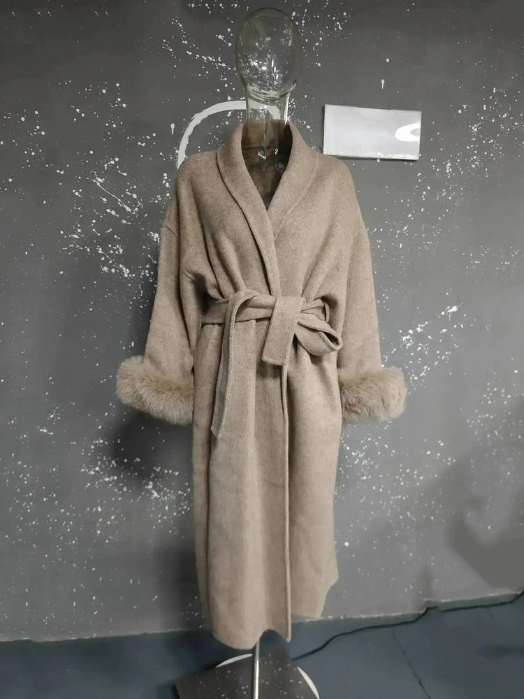 UCXQ Elegant OL Office Lady Overcoats Fur Patchwork Long Sleeve Woolen Coat Beautiful Women's Clothing Jacket Autumn 2025 Winter