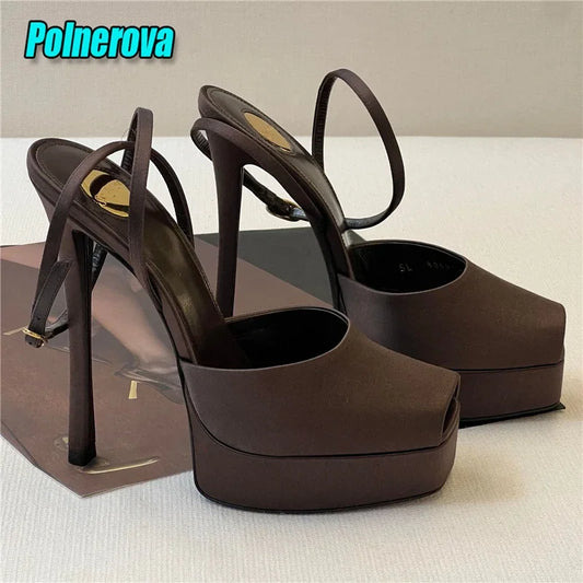 Sexy Peep Toe Satin Women Sandals Fashion Shallow Platform Ankle Cross Strap 11Cm High Heel Shoes Banquet Party Stiletto Heels