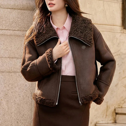 SENTUBILA Women's Faux Suede Coat Plush Lapel Zipper Faux Leather Cropped Jacket 2026 Winter Retro Ladies Outerwear W54PD5913