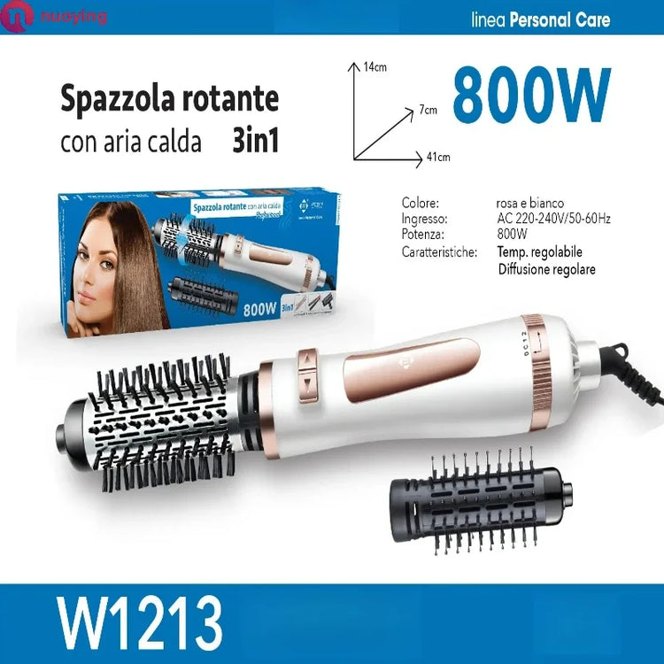 3 in 1 Rotating Hot Air Brush, 800W Professional Hair Dryer Brush, Bi-Directional Rotation with 2 Curling Rollers, Adjustable Temp & Speed Hair Styling Tool