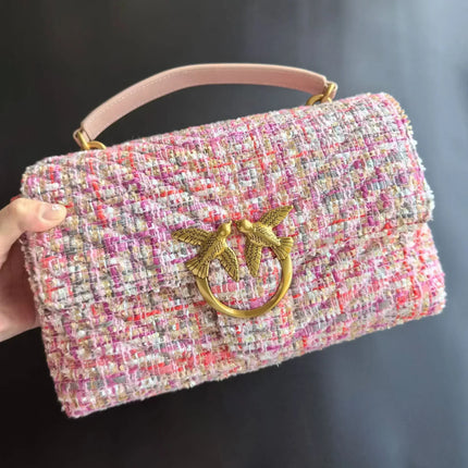 Nuova Borsa a Tracolla/Crossbody da Donna 2026 Ispirata a Pinko in Tweed con Cigno, in Vera Pelle