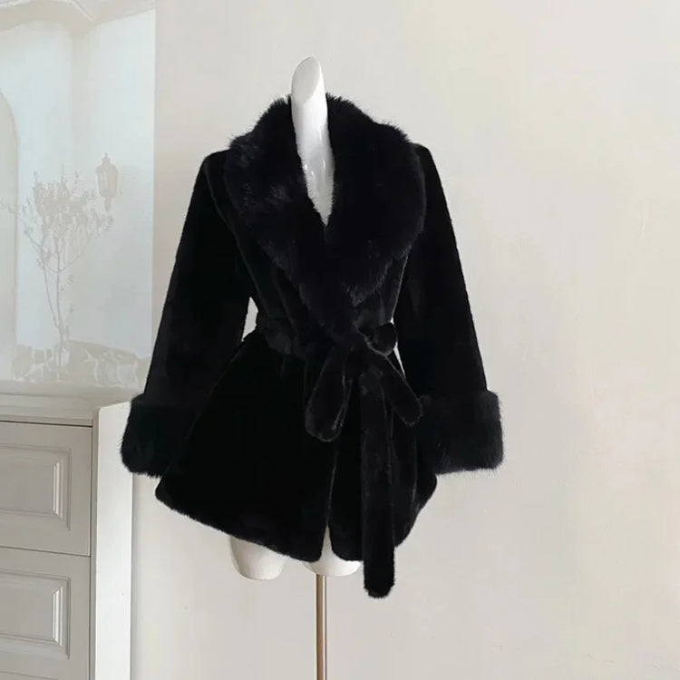 Winter Luxury Women Faux Furs Jackets Coats With Belt Elegant Waist Hugging Slimming Fur Big Collar Thickened Warm Outerwear