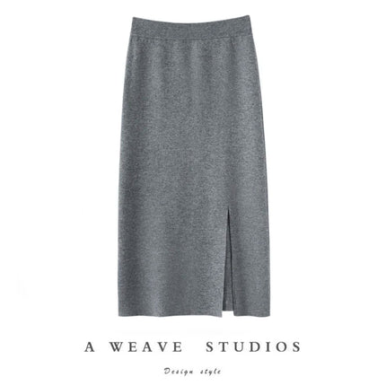 Women Pure Cashmere Long Skirts Spring Autumn Winter Straight Thick Skirts 100% Cashmere Knit Split Skirts PlatiNum