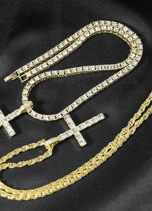 Hip Hop Iced Out Cross Pendant Necklace Strap 4mm Zircon Tennis Chain Men Women Sparkling Necklace Punk Jewelry Fashion Gift PlatiNum