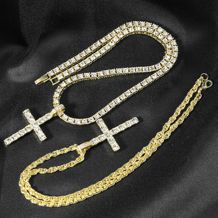Hip Hop Iced Out Cross Pendant Necklace Strap 4mm Zircon Tennis Chain Men Women Sparkling Necklace Punk Jewelry Fashion Gift PlatiNum