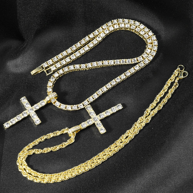 Hip Hop Iced Out Cross Pendant Necklace Strap 4mm Zircon Tennis Chain Men Women Sparkling Necklace Punk Jewelry Fashion Gift PlatiNum