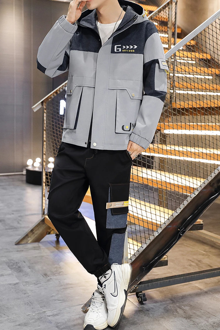 Men's Casual Sports Sets Spring Autumn Tracksuit Jogging Set Patchwork flight Hooded jacket pants two Piece