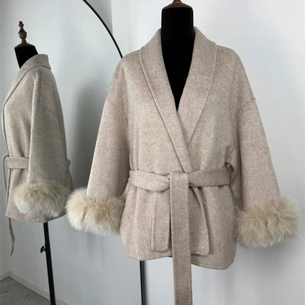 Tossy Fox Fur Wool Overcoat Women's Short Coat Office Lady Elegant Double-sided Woolen Coat 2025 New Cardigan Jackets Loose Wool