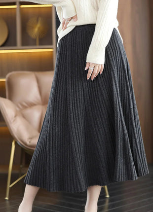 100% Merino Wool Women’s Knitted Skirt Spring Autumn Winter  Long Pleated Grace Skirts High Waist A-Line Cashmere Comfortable PlatiNum