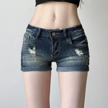 American Vintage Short Jeans Low Waist Denim Distressed Bodycon Y2K Women Casual Streetwear Kawaii Retro Button Summer Patchwork PlatiNum
