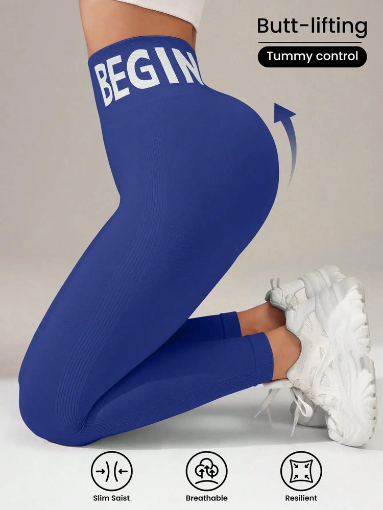 European and American Seamless Yoga Leggings with Waistband Lettering, Butt-Lifting, Quick-Dry Women's Breathable Tights for Pea PlatiNum