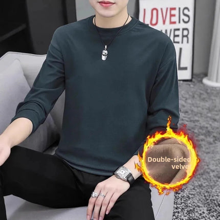 Thickened Double-sided Velvet Long Sleeve T-shirt Men's Underwear Solid Color Fleece-lined Heavyweight Crew Neck Base Shirt PlatiNum