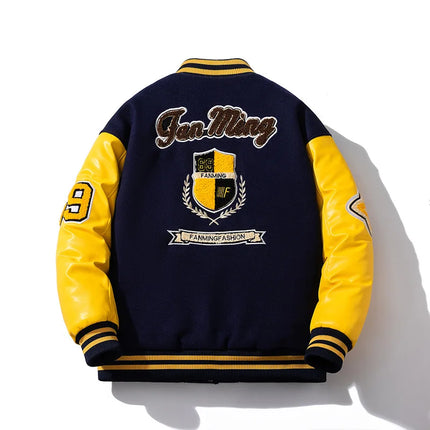 Winter Loose bomber jacket Men Woolen Retro Cotton Liner parkas couple streetwear PU leather sleeves baseball jacket chaquetas