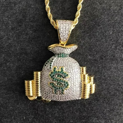 Hip Hop Ice Out Dollar Money Bag Necklace Shiny Cubic Zirconia Wallet Pendant for Men Women Hip Hop Rock Rap Cool Jewelry PlatiNum