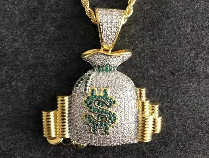 Hip Hop Ice Out Dollar Money Bag Necklace Shiny Cubic Zirconia Wallet Pendant for Men Women Hip Hop Rock Rap Cool Jewelry PlatiNum