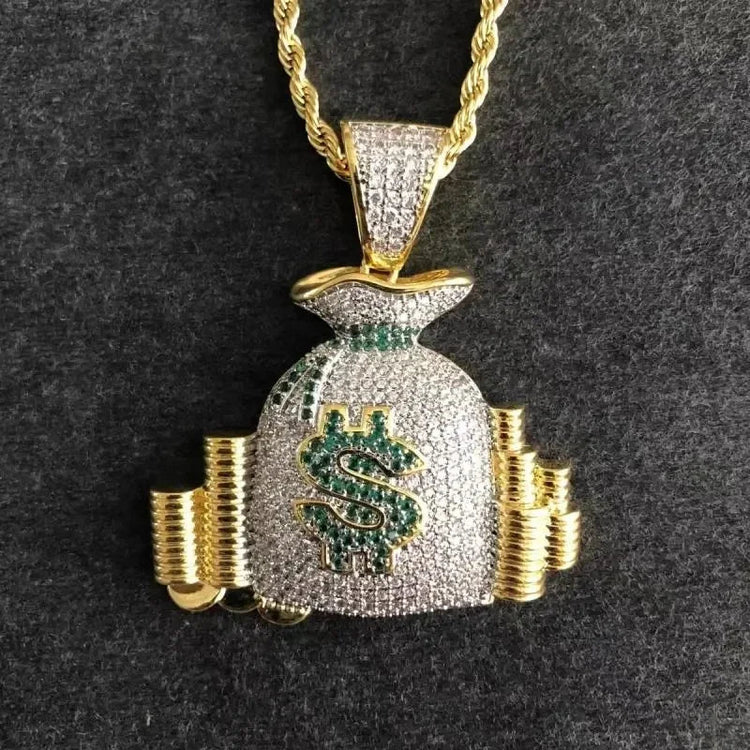 Hip Hop Ice Out Dollar Money Bag Necklace Shiny Cubic Zirconia Wallet Pendant for Men Women Hip Hop Rock Rap Cool Jewelry PlatiNum