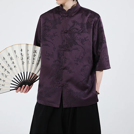 Camicie cinesi Camicia retrò in seta di ghiaccio con motivo floreale scuro Tradizionale Kung Fu Tai Chi Casual Loose Fit Top da uomo traspirante estivo