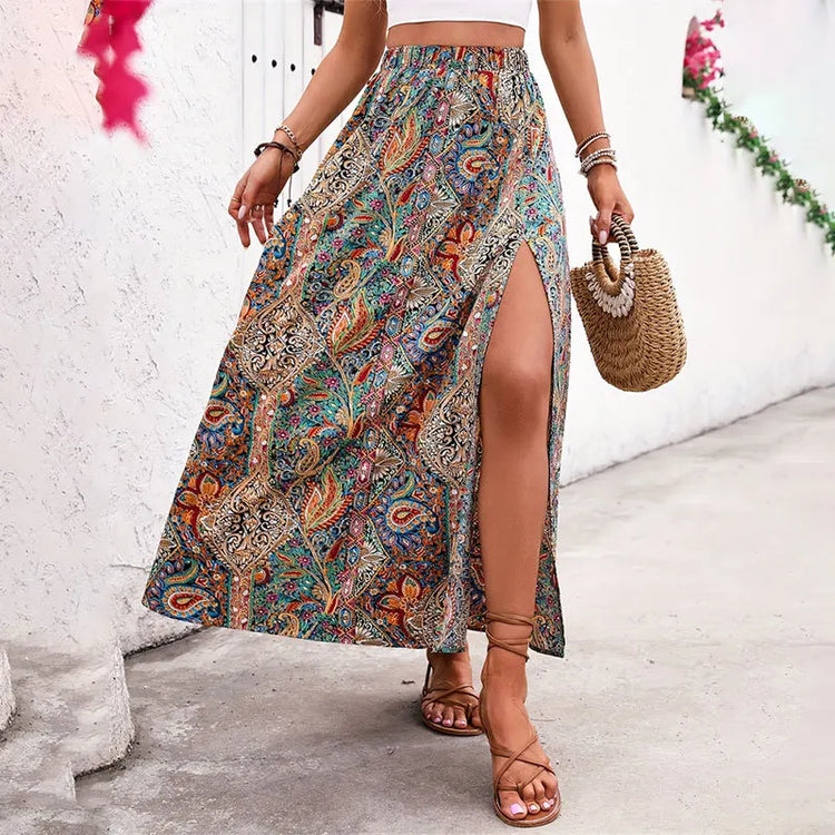 Gonna Lunga Vintage Bohemien con Stampa Etnica da Donna, Gonna Estiva Casual a Vita Alta 2026, Elegante Gonna Boho a Trapezio con Spacco e Pieghe