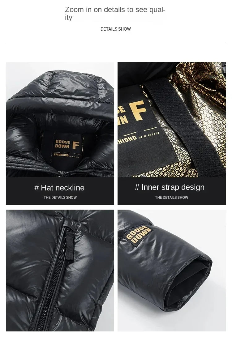 -30 ℃ Cold-proof Long Down Jacket Men's Light Luxury Black Gold Lightweight 95% Goose Down Jacket Unisex Winter Warm Hooded Coat PlatiNum