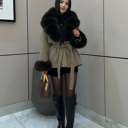 Women Wool Blend Coat Big Faux Fur Collar And Cuffs Belted Waist Wrap Loose Winter Jacket Thick Warm Elegant Lady Outerwears