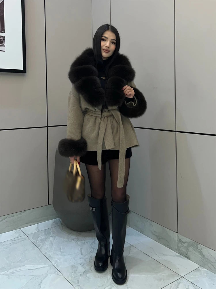 Women Wool Blend Coat Big Faux Fur Collar And Cuffs Belted Waist Wrap Loose Winter Jacket Thick Warm Elegant Lady Outerwears