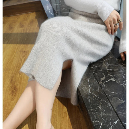 100% Pure Mink Cashmere One-Step Skirts Women's Elastic Waist Split Knitted Long Skirt Bag Hip Joker Straight Skirt Warm A Skirt PlatiNum