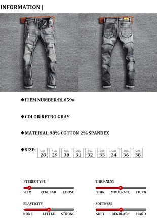 Italian Style Fashion Men Jeans Retro Gray Elastic Slim Fit Ripped Jeans Men Trousers Vintage Designer Casual Denim Pants Hombre PlatiNum
