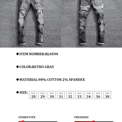 Italian Style Fashion Men Jeans Retro Gray Elastic Slim Fit Ripped Jeans Men Trousers Vintage Designer Casual Denim Pants Hombre PlatiNum