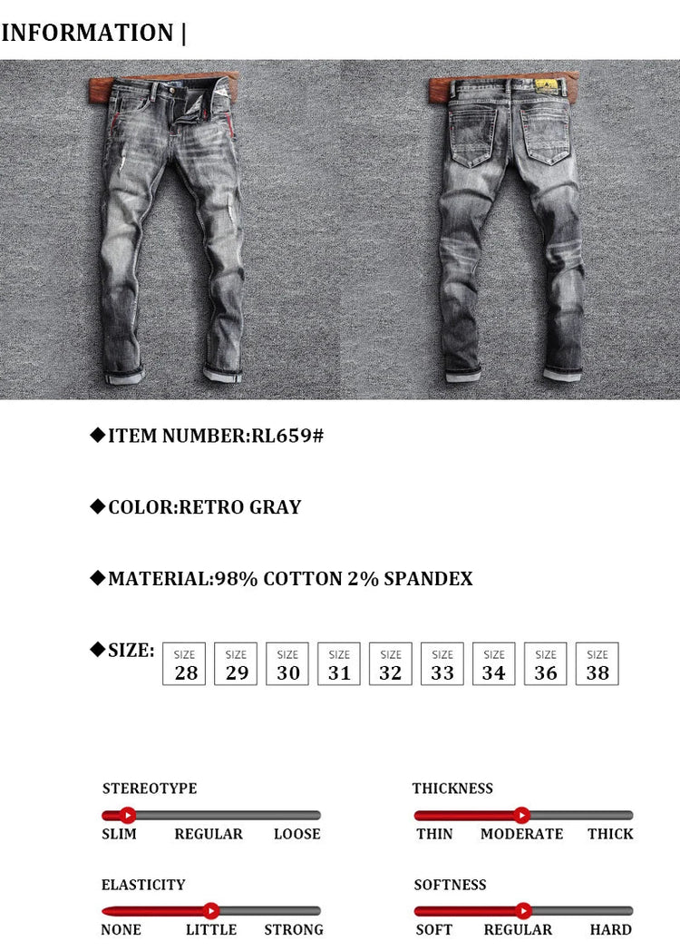 Italian Style Fashion Men Jeans Retro Gray Elastic Slim Fit Ripped Jeans Men Trousers Vintage Designer Casual Denim Pants Hombre PlatiNum