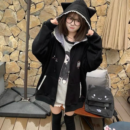Zipper Hoodie Gothic Cartoon Kawaii Cat Ear Y2k Jacket Zip Up Thin Coat Spring Autumn Cute Core 2000s Clothes Fall Sweatshirts