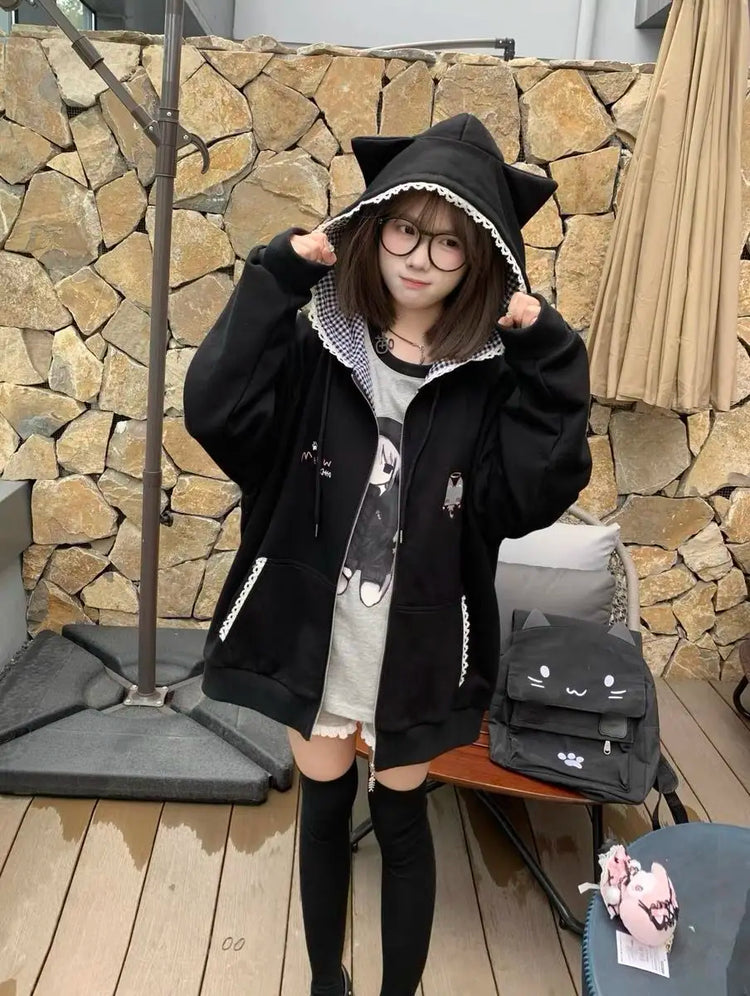 Zipper Hoodie Gothic Cartoon Kawaii Cat Ear Y2k Jacket Zip Up Thin Coat Spring Autumn Cute Core 2000s Clothes Fall Sweatshirts