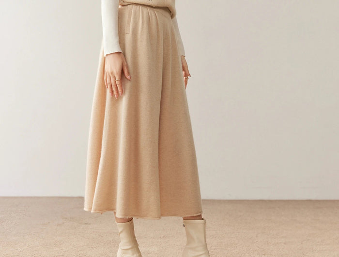 High quality Women's 100% Cashmere High Waisted Umbrella Skirt Autumn Winter Elastic Knitted Fabric Breathable Warm Soft Comfort PlatiNum