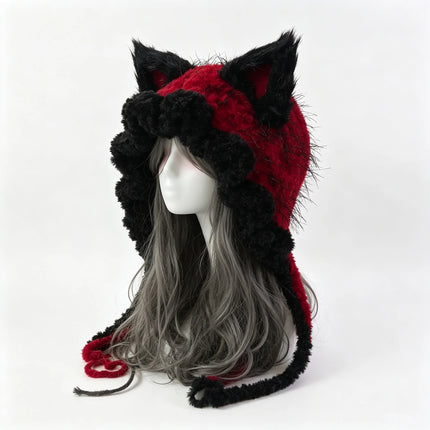 Custom Hand‑Crocheted Black Red Fox Ear Hood Women Soft Knitted Long Ties Beanie Gothic Unisex Dark Fairy Winter Warm Accessory