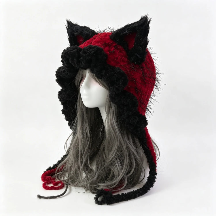 Custom Hand‑Crocheted Black Red Fox Ear Hood Women Soft Knitted Long Ties Beanie Gothic Unisex Dark Fairy Winter Warm Accessory