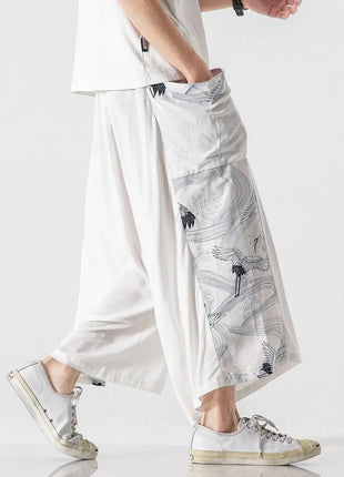 Men's Summer Harajuku Harem Pants Cotton Linen Joggers Mens Calves Length Loose Vintage Japanese Ukiyo-e Print Pants