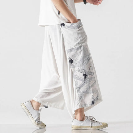 Pantaloni da uomo estivi Harajuku Harem Pantaloni da jogging in cotone di lino Pantaloni al polpaccio da uomo Allentati Costume giapponese vintage Ukiyo-e Pantaloni con stampa
