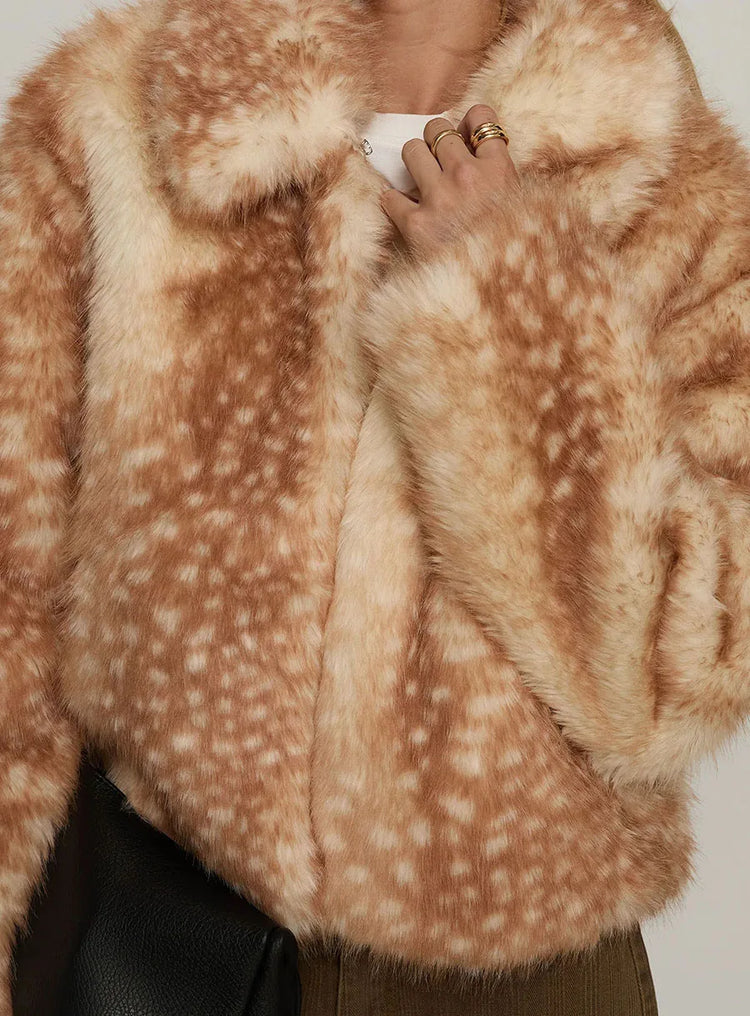 ZADORIN Chic Turn Down Collar Deer-print Cropped Fluffy Faux Fur Coat Woman Elegant Warm Faux Fur Jackets Woman Winter Coat Tops