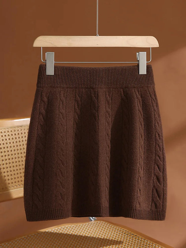 Women's Wool Mini Skirt A-line Twist Flower Elastic Waist Skirt Above Knee Umbrella Dress 100% Merino Wool Knitted Autumn Winter PlatiNum