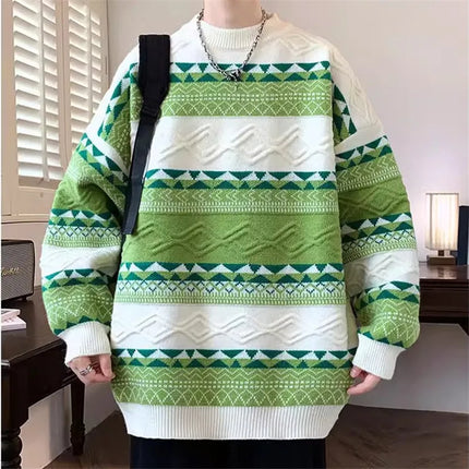 Autumn Winter New Casual Sweater Men Fashion Striped Patchwork Knit Pullovers Mens O-Neck Loose Youthful Vitality Sweaters Man