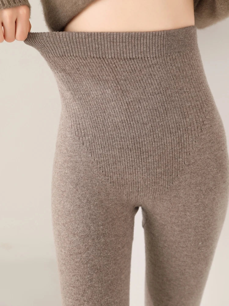 Women's Wool Leggings Slim Warm Autumn Winter High Waisted Elastic Tight Pants 100% Merino Wool Knitted Skin-friendly Leggings PlatiNum