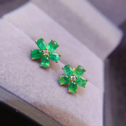 3*4mm Natural Emerald Flower Design Earrings with Certificate Fine Charm Fashion Weddings Jewelry for Women PlatiNum