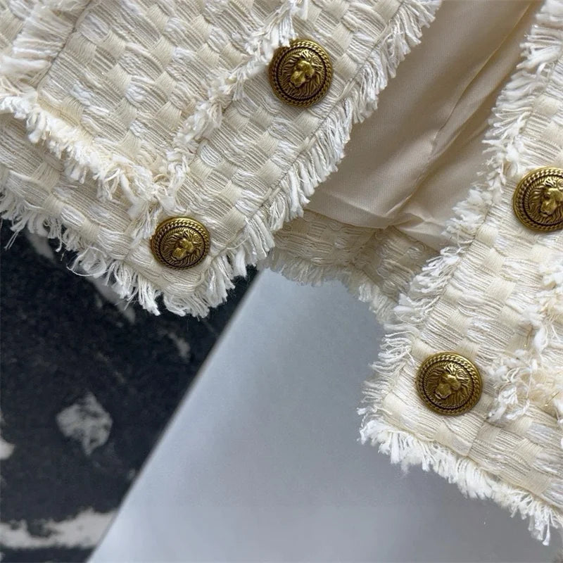 Women's jacket New autumn 2025 double breasted slim long sleeved top tweed weave Women's coat Cotton blend round neck outerwears