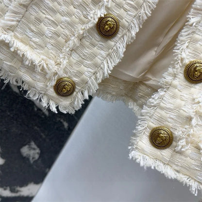 Women's jacket New autumn 2025 double breasted slim long sleeved top tweed weave Women's coat Cotton blend round neck outerwears