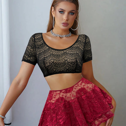 Short Sleeve Sheer Lace Crop Top & Rose Floral Tiered Mini Skirt Two Piece Lingerie Set