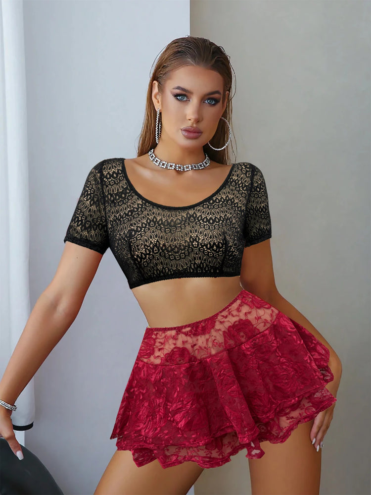 Short Sleeve Sheer Lace Crop Top & Rose Floral Tiered Mini Skirt Two Piece Lingerie Set