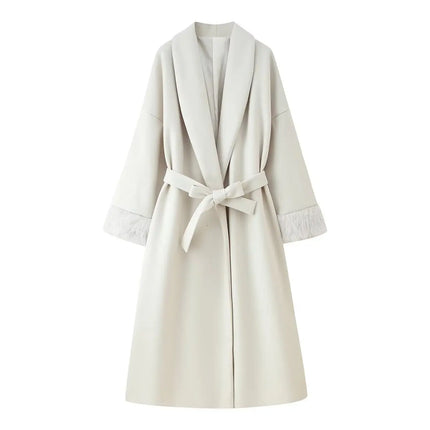 Elegant Lace Up Woolen Short Coat Solid Loose Lapel Furry Long Sleeve Belt Waist Jacket 2026 Spring Autumn Lady Chic Cardigan