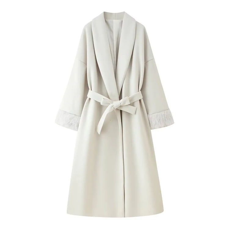Elegant Lace Up Woolen Short Coat Solid Loose Lapel Furry Long Sleeve Belt Waist Jacket 2026 Spring Autumn Lady Chic Cardigan
