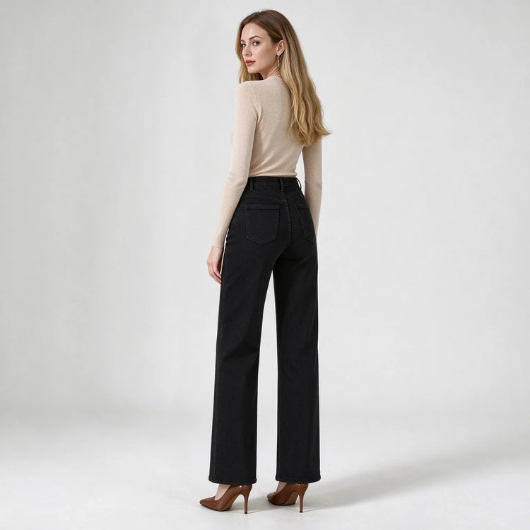 Women's Black Flared Jeans, High Waist, Stretch Denim, Loose Fit, Stitching Details, Elegant Casual Style, Fashionable Trousers, Perfect for All Seasons, Sizes Xs-Xl，Fx1338-1
