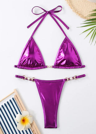 Micro Bikini Rosa Lucido da Donna, Sexy con Perle in PU, Push-Up, Perizoma, Costume da Bagno Estivo, con Lacci, per Vacanze PlatiNum